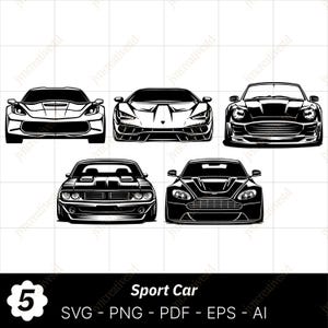 Op de afbeelding: Zwart-wit vectorillustraties van vijf verschillende sportwagens. De afbeelding bevat de tekst "Sport Car" en bestandstype-opties: SVG, PNG, PDF, EPS en AI. Het nummer "5" staat in een witte cirkel.