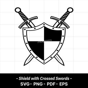 May include: Black and white shield design with two crossed swords. The shield is divided into black and white quadrants and has a dotted border. The swords are detailed with handles and blades. Text at the bottom reads "- Shield with Crossed Swords - SVG- PNG - PDF - EPS."