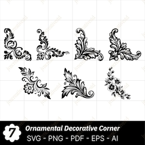 Puede incluir: Diseños de esquina ornamental en blanco y negro en varios estilos. La imagen incluye siete gráficos de esquina diferentes con patrones florales y de volutas. El texto en la parte inferior dice "Ornamental Decorative Corner" y opciones de tipo de archivo.