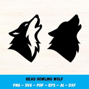 May include: Two black and white howling wolf head silhouettes. The wolf on the left has a white interior, while the wolf on the right is a solid black silhouette. The image includes the text "HEAD HOWLING WOLF" and file type options.
