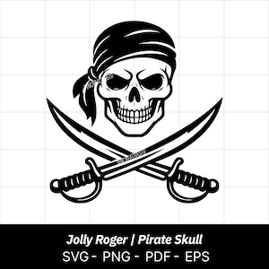 May include: Black and white Jolly Roger pirate skull design with crossed swords. The skull wears a black bandana. The image includes the text "Jolly Roger | Pirate Skull" and file type information.