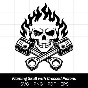 Flaming Skull Crossed Pistons SVG – Biker Engine Cut File (Digital Download)