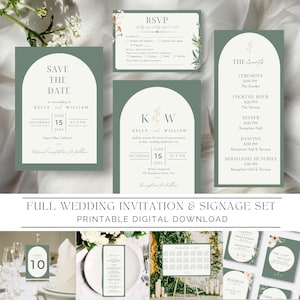 11-teilige rustikale Hochzeitseinladungen zum Ausdrucken l Deluxe Set l Beschilderung + Tischnummer l Salbei l Blumenmuster