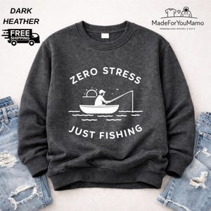 Zero Stress Fishing Sweatshirt, Minimalist Line Art Hoodie, Fisherman Gift, Relaxed Fit