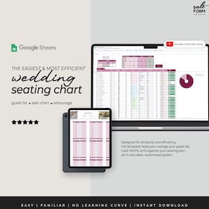 May include: A digital wedding seating chart template displayed on a laptop and tablet. The template is designed for Google Sheets and includes a YouTube tutorial. The text reads "The Easiest & Most Efficient Wedding Seating Chart."