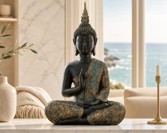 Statua di Buddha in meditazione, scultura di spiritualità thailandese in resina nera, decorazione per la casa.