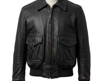 Zwart leren bomberjack voor heren – bovenkleding in pilotenstijl van echt rundleer – vintage militaire pilotenjas voor de winter
