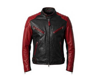 Puede incluir: Chaqueta de cuero negra y roja con cuello alzado y cierre de cremallera. La chaqueta presenta mangas rojas y detalles rojos en los bolsillos y tiradores de cremallera. Los hombros tienen un diseño acolchado.