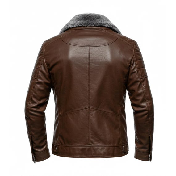 Men's Brown Genuine Leather Jacket With Grey Fur Collar – Winter
