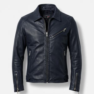 Men&#39;s Navy Blue Genuine Leather Motorcycle Jacket 100% Genuine Leather jacket