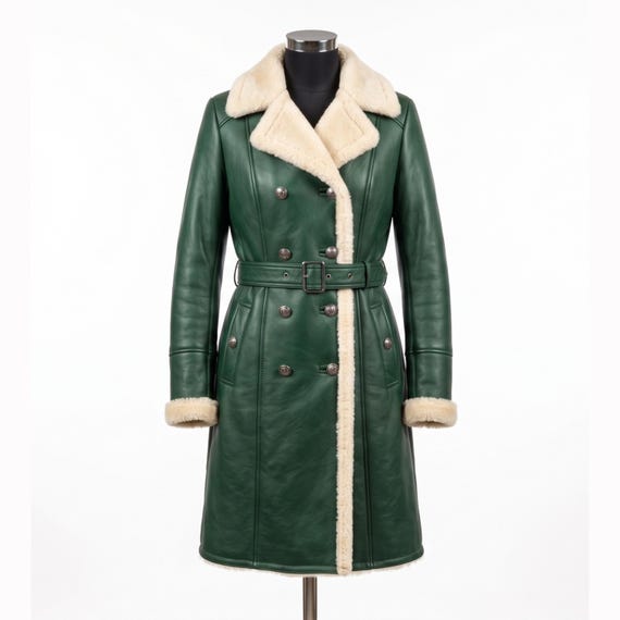 Women’s Green Genuine Leather Shearling Coat, Long Belted Winter Leather Coat, Faux Fur Trim Overcoat, Double Breasted Luxury Jacket