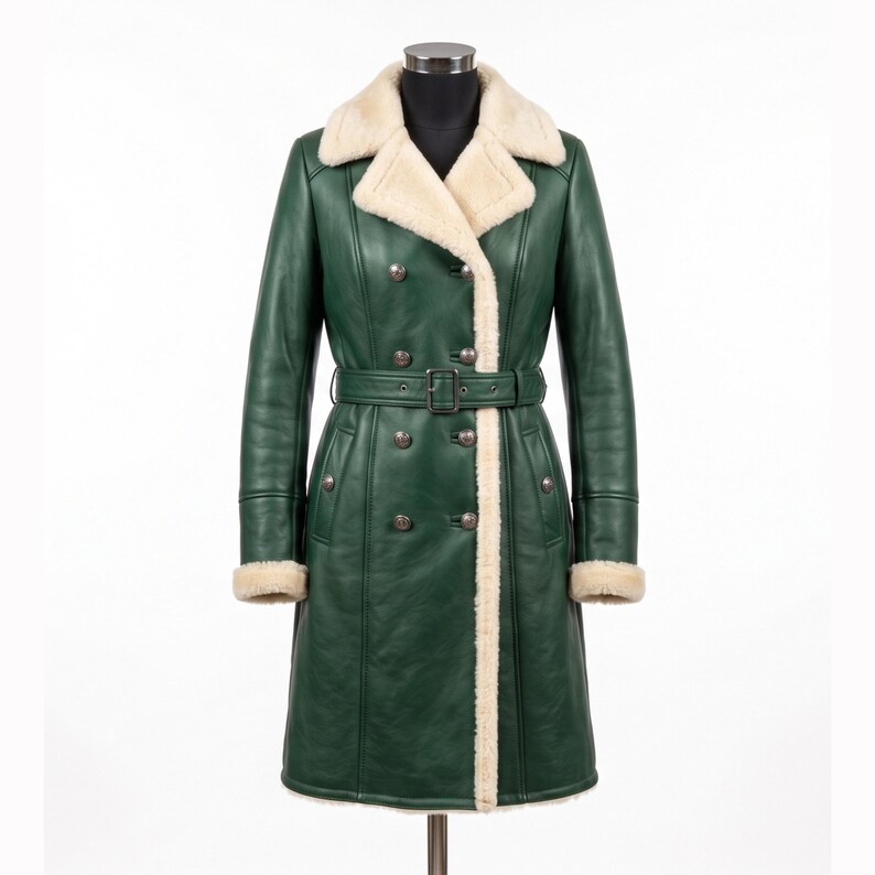 May include: A green leather coat with a cream-colored shearling lining and collar. The double-breasted coat features a belt at the waist and silver-tone buttons. The coat is displayed on a mannequin against a white background.