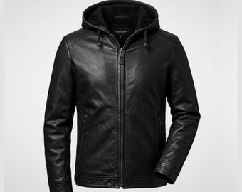 May include: A black leather jacket with a hood and a full-length zipper. The jacket has a soft, dark lining inside the hood. The jacket has two side pockets and a small pocket on the chest. The jacket is a classic style.