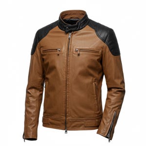 Men&#39;s Brown & Black Leather Biker Jacket – Two-Tone Moto Style, Zipper Cuffs, Slim Fit Streetwear