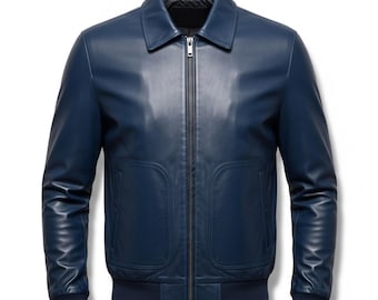 May include: A navy blue leather jacket with a collared neckline and a zip-up front. The jacket features two front pockets and ribbed cuffs and hem. The jacket is a classic style, suitable for various occasions.