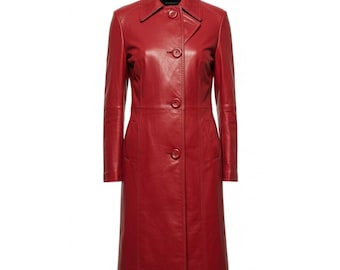 Luxury Women’s Red Leather Trench Coat – Long Genuine Lambskin Overcoat – Elegant Winter Fashion