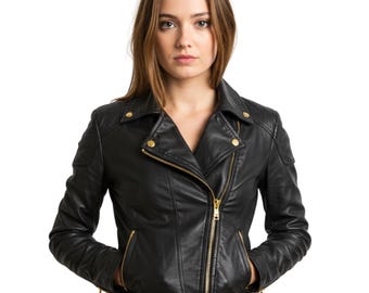 May include: Black leather jacket with a diagonal zipper, gold-colored hardware, and a notched collar. The jacket has a classic biker style with zippered pockets and shoulder detailing. A stylish outerwear piece.