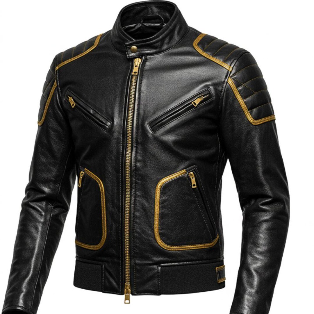 Mens Black Leather Jacket With Gold Trim | Motorcycle Biker Cafe