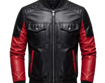 Puede incluir: Chaqueta bomber de cuero negro con mangas y detalles en rojo. La chaqueta presenta un diseño de hombro acolchado, dos bolsillos delanteros y un cuello y puños de canalé negros. Una cremallera recorre la parte delantera.