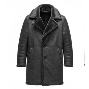 Men&#39;s Black Shearling Genuine Leather Coat – Winter Long Overcoat with Wool Lining