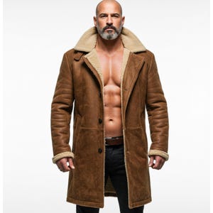 Men’s Tan Shearling Military Leather Coat–Long Winter Jacket– Genuine Sheepskin–Warm Utility wear–Vintage Style coat