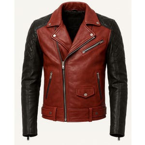 Men&#39;s Red Black Leather Biker Jacket | Quilted Moto Streetwear Coat | Genuine Leather Motorcycle Outerwear