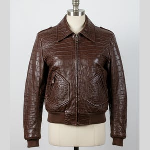 Brown Crocodile Embossed Leather Jacket | Luxury Genuine Leather Bomber | Handmade Croc Pattern Jacket for Women | Stylish Winter Outerwear
