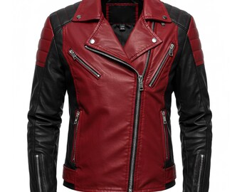 Men’s Red and Black Biker Leather Jacket – Genuine Lambskin Motorcycle Style – Quilted Shoulder Café Racer Moto Jacket