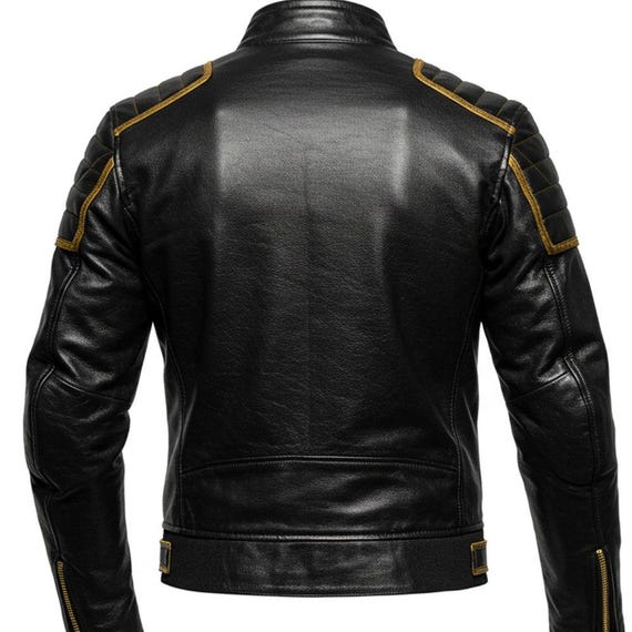 Mens Black Leather Jacket With Gold Trim | Motorcycle Biker Cafe