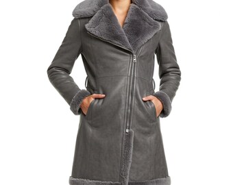 Women’s Grey Shearling Leather Coat | Long Winter Fur Lined Jacket | Real Leather Overcoat Warm Sherpa Biker Coat Handmade Luxury Outerwear