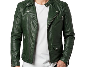May include: A dark green leather motorcycle jacket with a zipper closure and multiple pockets.