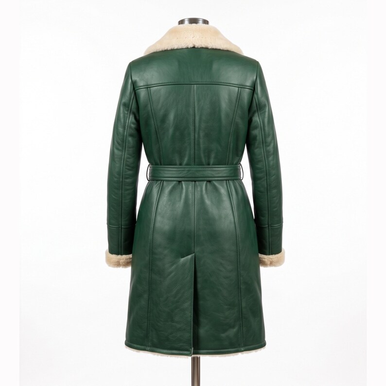 May include: A green leather coat with a cream-colored shearling collar and cuffs. The coat features a belt at the waist and a split back. The coat is displayed on a mannequin against a white background.