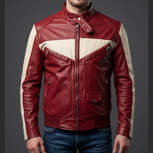 Men’s Red and Cream Biker Leather Jacket – Vintage Racing Style Motorcycle Outerwear