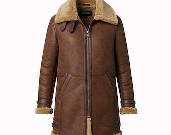 Genuine Sheepskin Shearling Coat – Brown Aviator Winter Jacket with Fur Lining