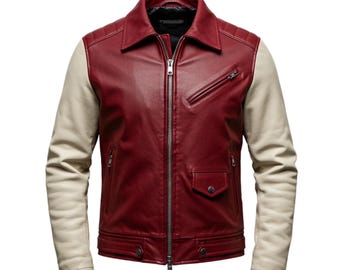May include: A two-tone jacket featuring a deep red body and off-white sleeves. The jacket includes a full-length silver front zipper, a pointed collar, quilted shoulder detailing, two zippered chest pockets, and two lower pockets with snap-button flaps.