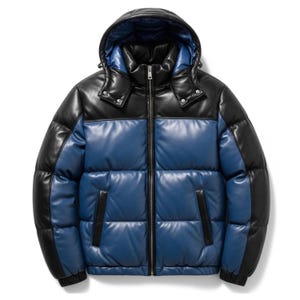 Chaqueta acolchada de cuero con capucha para hombre, abrigo acolchado de invierno azul y negro, chaqueta cálida de cuero tipo burbuja, chaqueta de invierno estilo streetwear para hombre