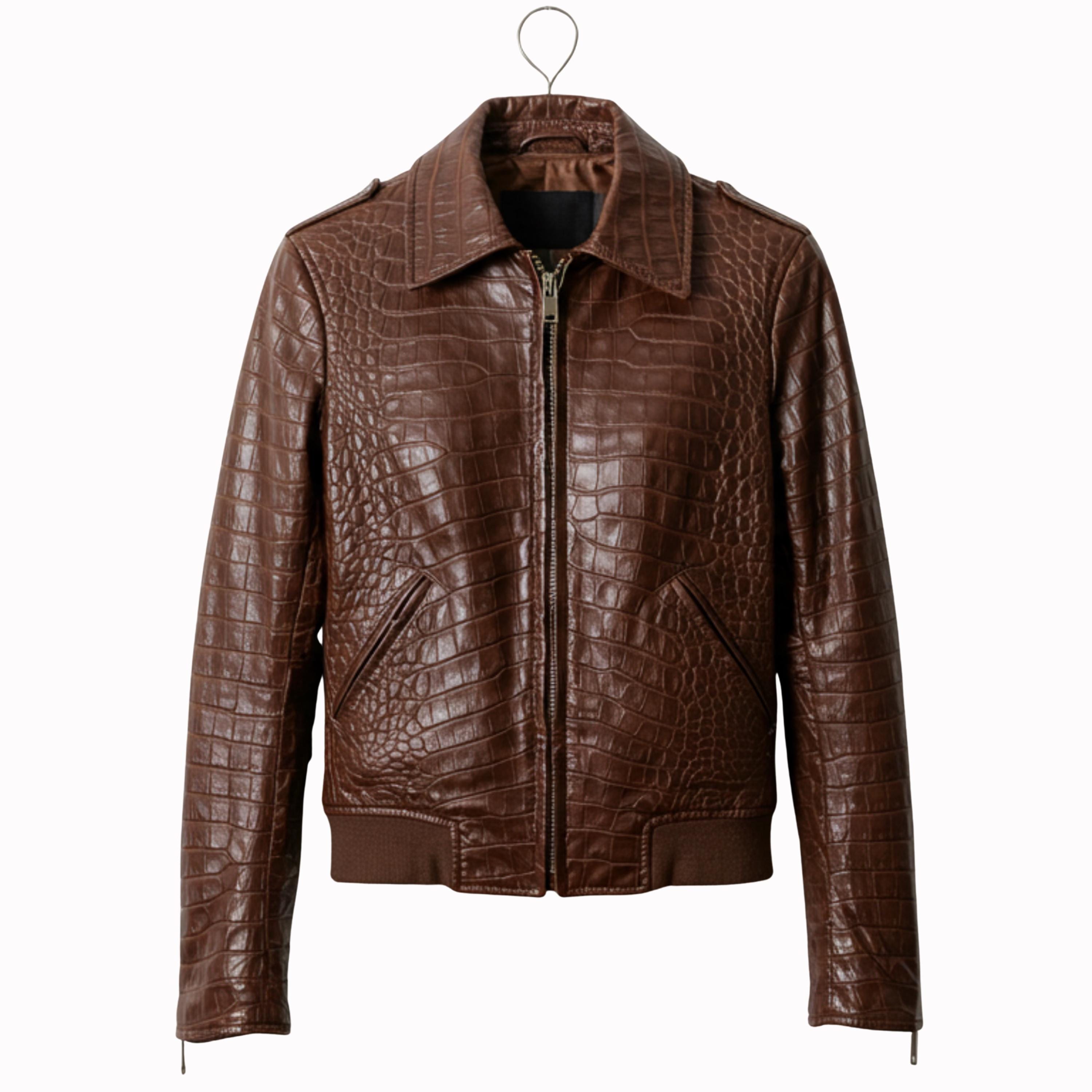 Brown Crocodile Embossed Leather Jacket | Luxury Bomber Style