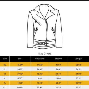 May include: A black and white line drawing of a leather jacket with a belt. Below the jacket is a size chart with measurements in inches for bust, shoulder, sleeve, and length, ranging from XS to XXL.