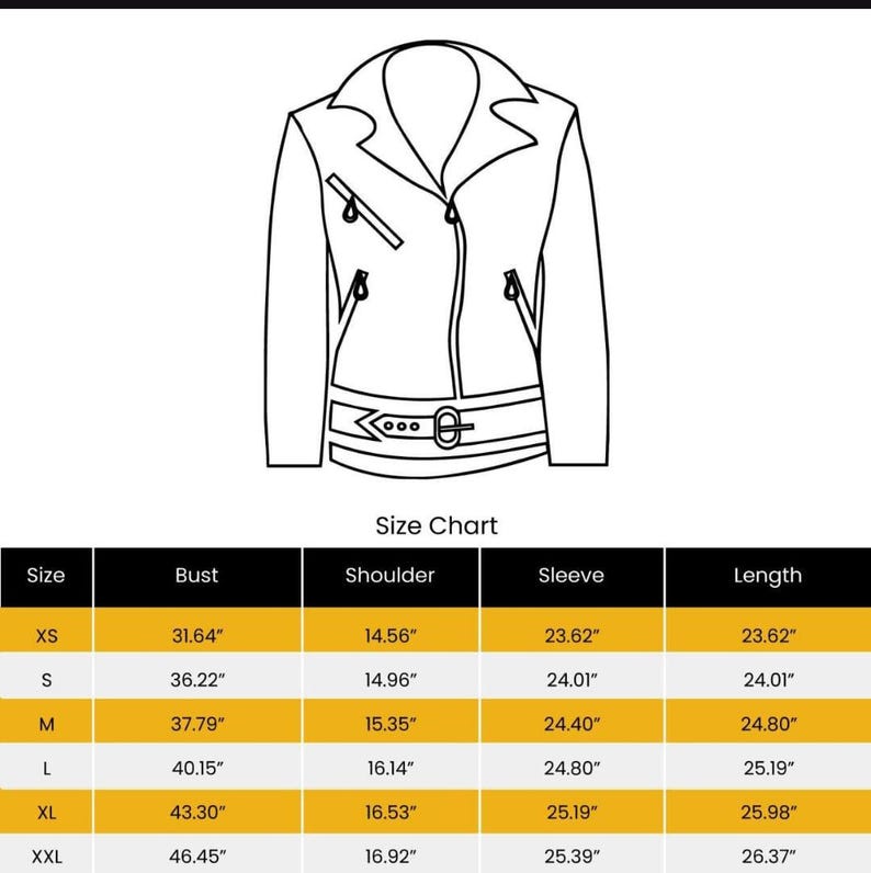 May include: A black and white line drawing of a leather jacket with a belt. Below the jacket is a size chart with measurements in inches for bust, shoulder, sleeve, and length, ranging from XS to XXL.