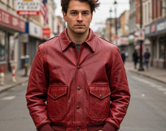 RED LEATHER BOMBER, Vintage Snap Jacket, Classic Leather Coat, Real Leather Retro Outerwear Button Front Style