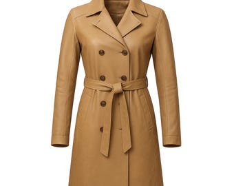 Women’s Genuine Leather Trench Coat – Beige Long Jacket with Belt, Double Breasted Designer Overcoat, Elegant Winter Outerwear for Women
