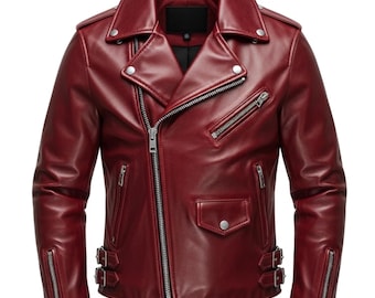 May include: A burgundy leather jacket with a classic biker style. Features include an asymmetrical zipper closure, multiple zippered pockets, and silver hardware. The jacket has a notched lapel collar and adjustable waist straps.