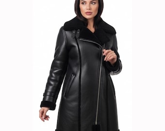 Schwarzer Echtledermantel für Damen mit Kunstpelzkragen, lange Winter-Lederjacke, asymmetrischer Reißverschluss im Biker-Stil, warmer Mantel
