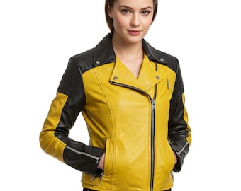 Puede incluir: Chaqueta de cuero amarilla y negra de estilo motero clásico. La chaqueta presenta un cuello, hombros y mangas negros, con un cuerpo amarillo brillante. Tiene cierre de cremallera, bolsillos y un corte entallado.
