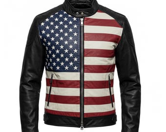 Giacca in pelle da uomo con bandiera americana - Giacca da motociclista patriottica USA / Outfit per il 4 luglio