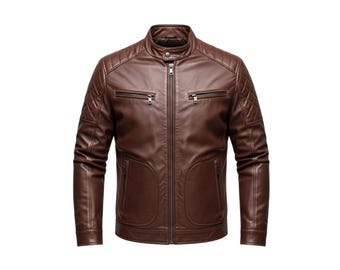 Chaqueta de cuero acolchada marrón para hombre: chaqueta de motociclista de cuero genuino con cuello alto, estilo motociclista vintage, abrigo de cuero de invierno