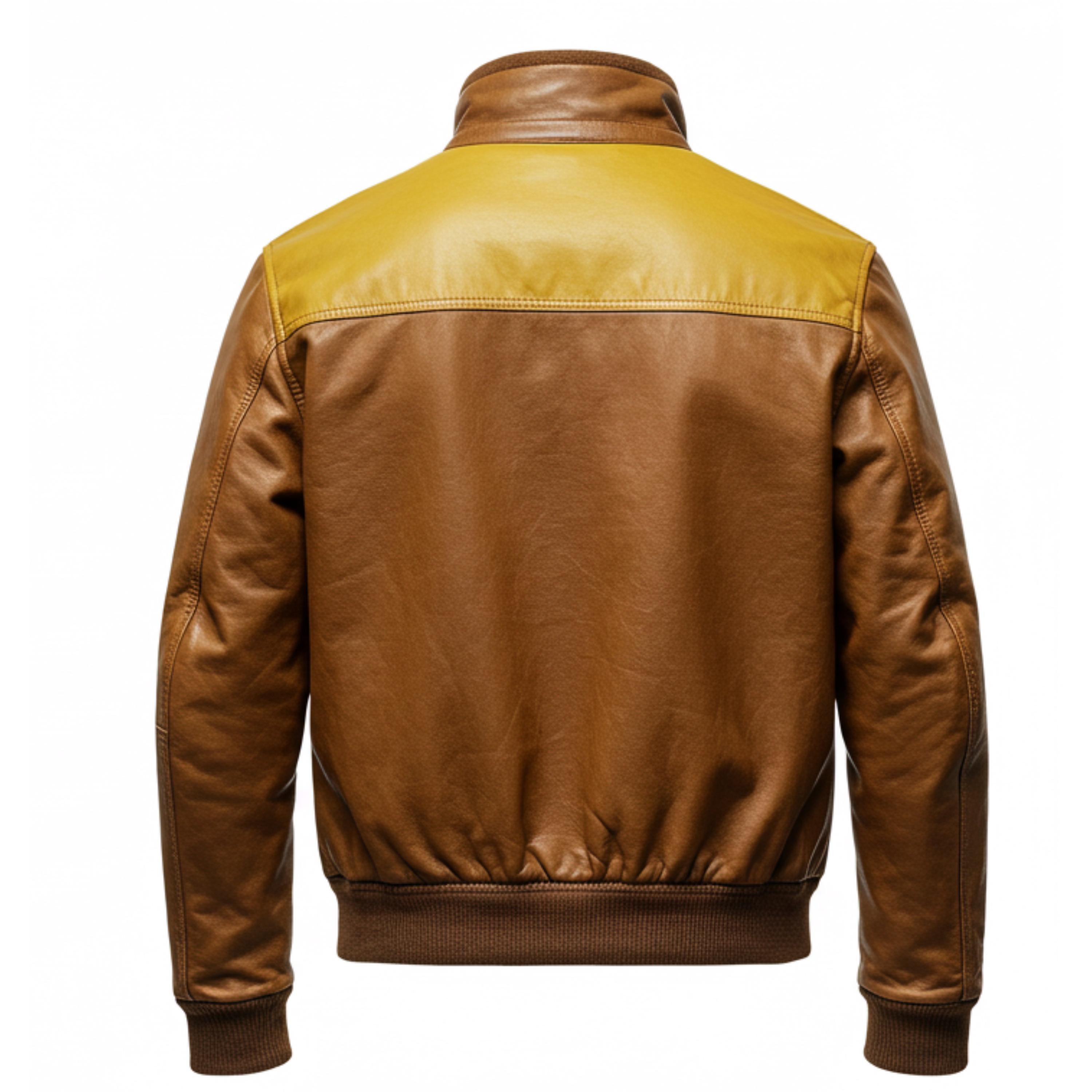 Men's Vintage-style Brown Leather Bomber Jacket With Yellow Yoke