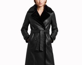 Women's Long Black Shearling Leather Trench Coat – Belted Winter Jacket with Fur Collar