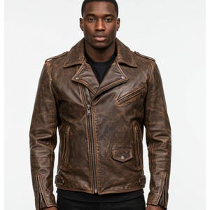 Veste motard vintage en cuir effet vieilli marron pour homme - Manteaux style moto en cuir de vachette véritable