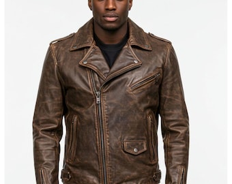 Vintage Brown Distressed Leather Biker Jacket for Men – Real Cowhide Moto Style Outerwear